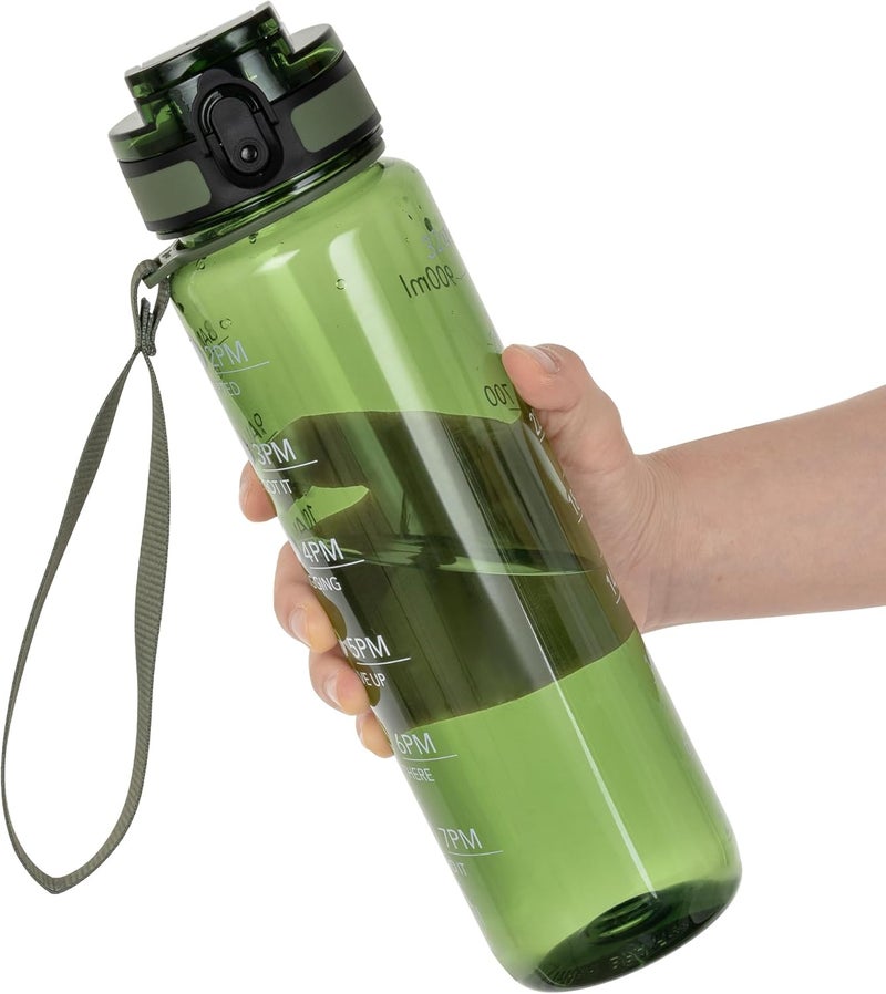 OLDLEY Water Bottle 32oz, Durable and Leakproof Water Bottles Motivational with Time Marker, Tritan, BPA Free, Wide Mouth, Gym, Travel, Home, School, Office, Olive (1 Bottle) - Image 1
